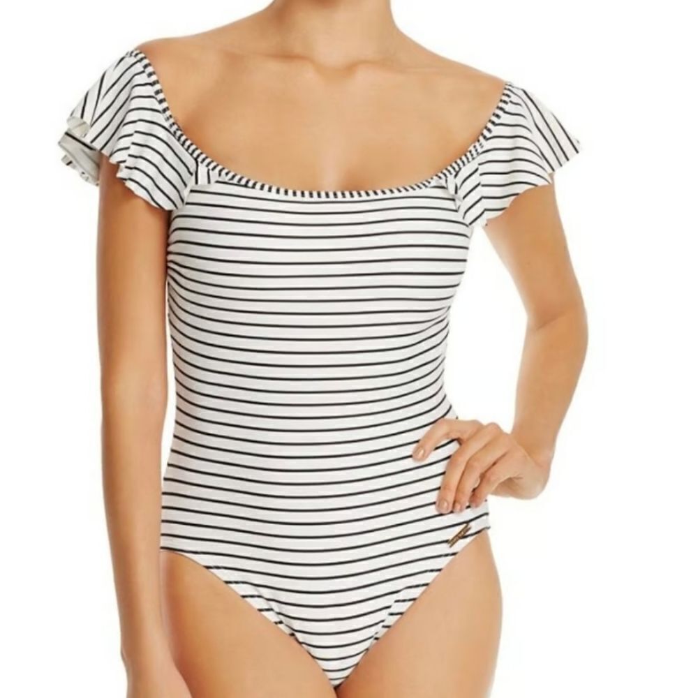 EUC Vince Camuto Black & White Striped Ruffel One Piece Swimsuit